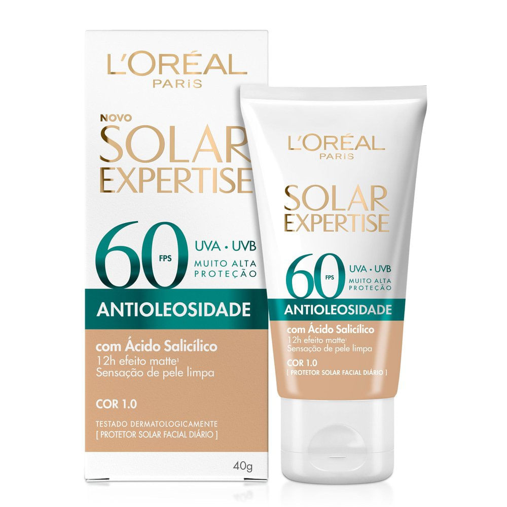 Protetor Solar Facial L'Oréal Paris Solar Expertise Antioleosidade FPS 60 Cor 1.0 Clara 40g - Beauty