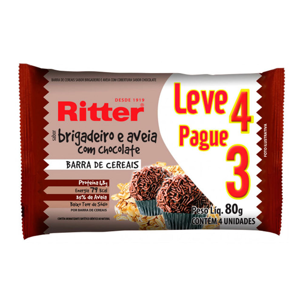 Barra de Cereais Ritter Brigadeiro e Aveia com Chocolate Leve 4 Pague 3 com 4 unidades de 20g cada - Food & Beverages