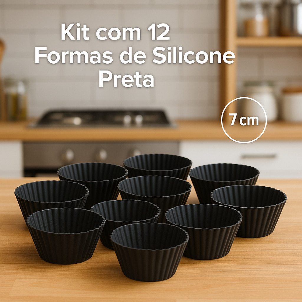 Kit 12 Formas Silicone Cupcake Muffin 7cm Preta Reutilizável Antiaderente Forno Micro-ondas Lavável