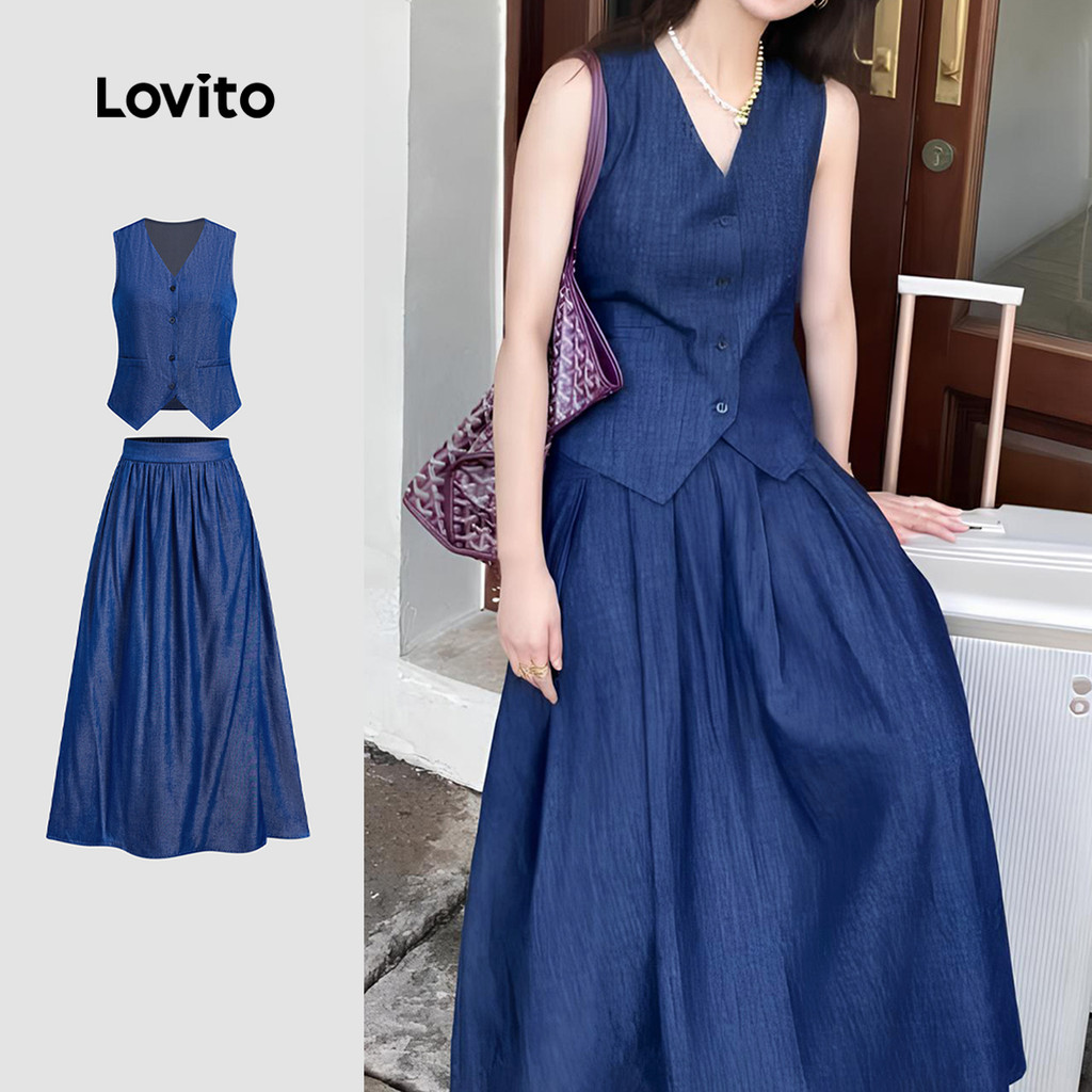 Lovito Conjunto de Saia Elegante com Botões Bolso Falso Primavera/verão Saia Azul escura LBL26368