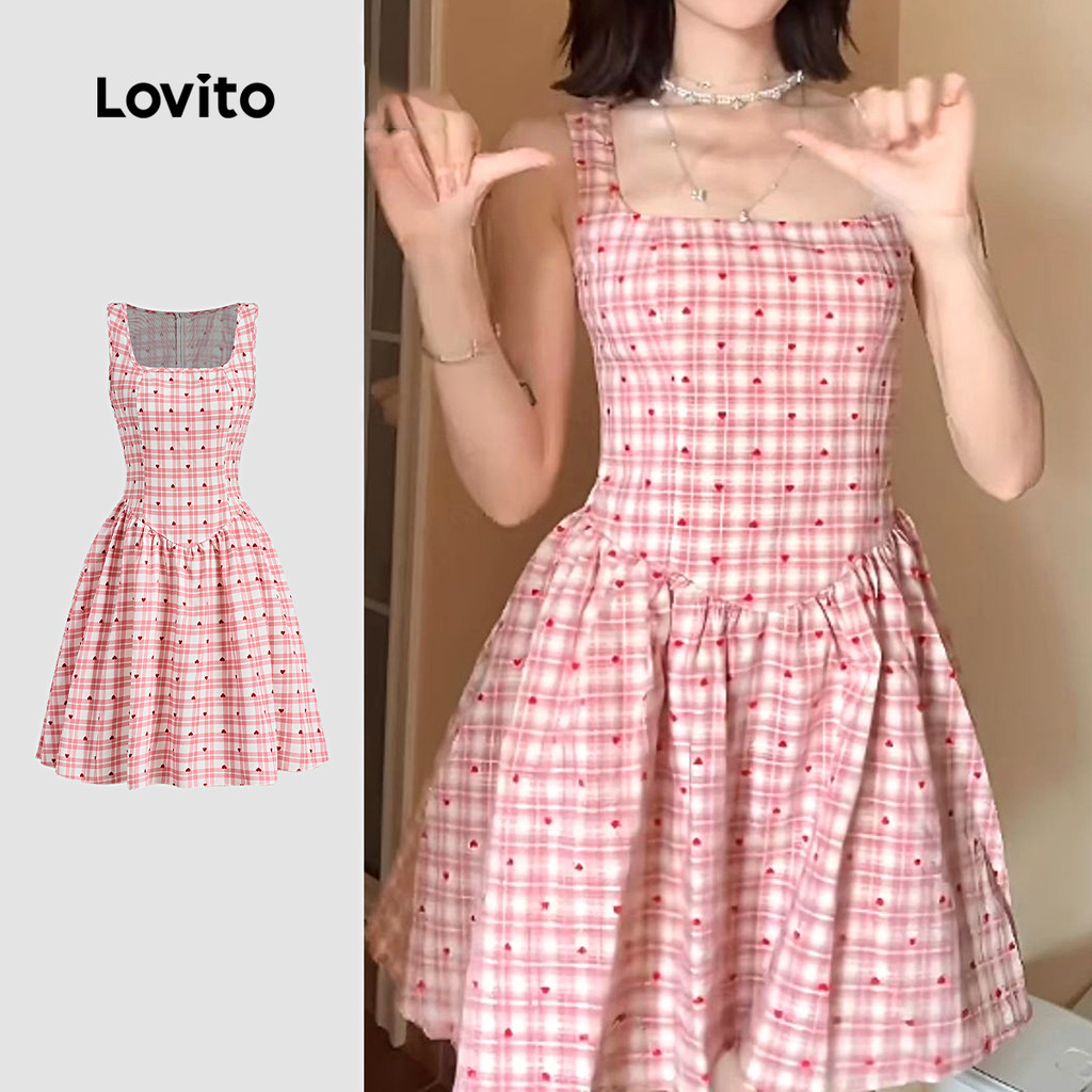 (New) Lovito Vestido Fofo com Pregas  Sensação Casual de Linhas  Vestido Rosa de Primavera/verão para mulheres L144AD192 em Oferta na Shopee