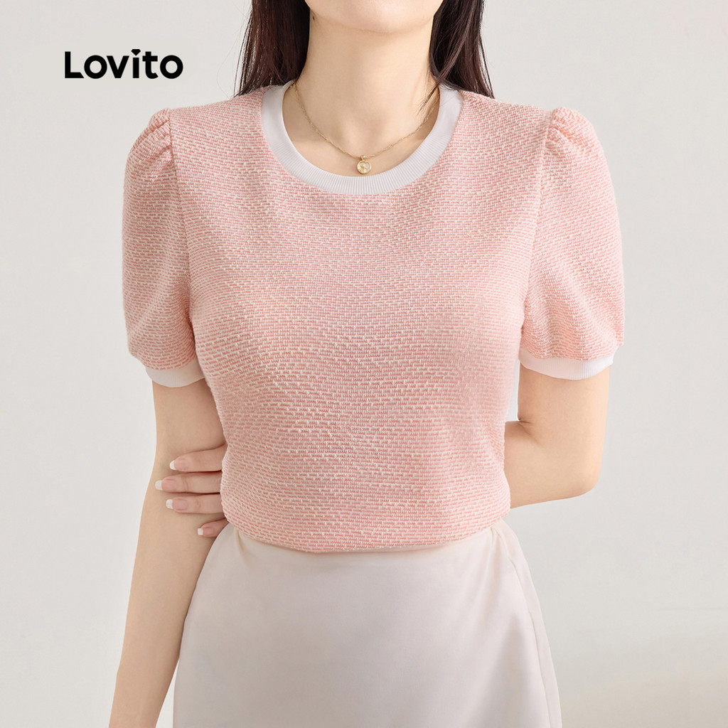 (New) Lovito Camiseta Elegante Colorblock Exquisito Deslocamento Primavera/verão Rosa Claro L143ED015 em Oferta na Shopee