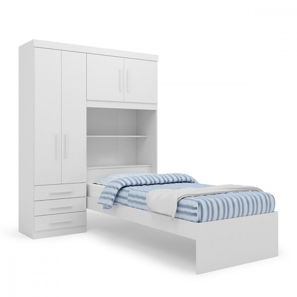 Guarda Roupa de Solteiro com Cama e Cabeceira Baú Turim Branco Batrol
