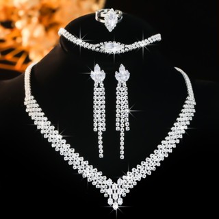 Moda Noiva Colar Brincos Anéis Pulseiras Conjunto De Quatro Peças High-end Europeu E Americano Strass Jóias De Casamento em Oferta na Shopee