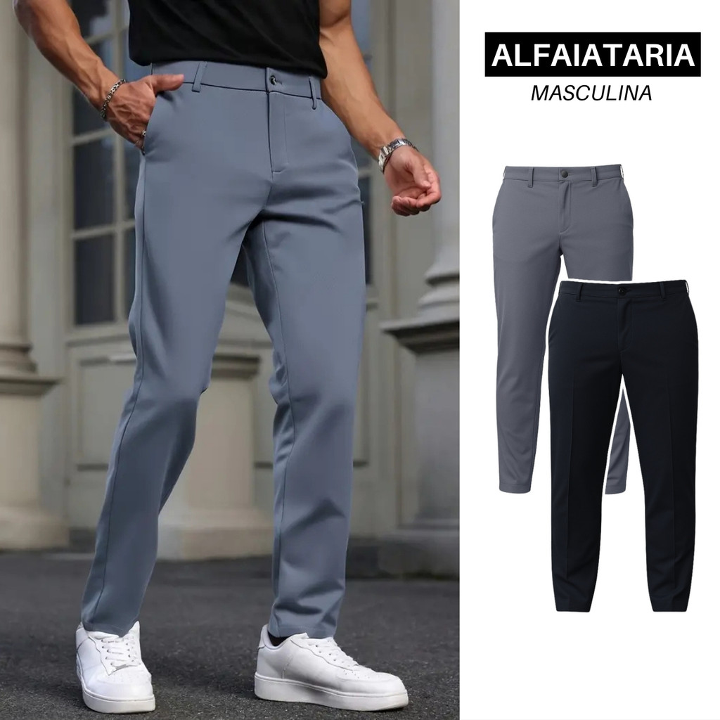 Calça Masculina Sport Fino Alfaiataria Social Preta Slim Com Bolso Embutido Elastano