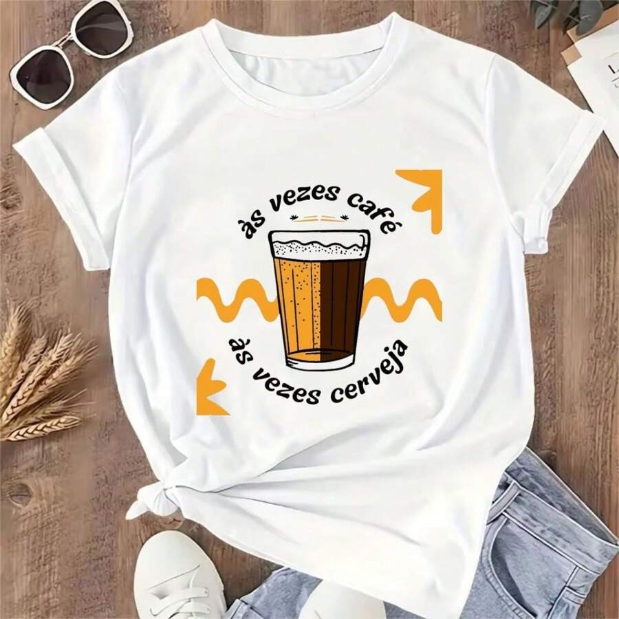 Camiseta Masculina Feminina Oversized Estampa Às Vezes Café Às Vezes Cerveja Copo Bebida Streetwear, Camiseta Unissex