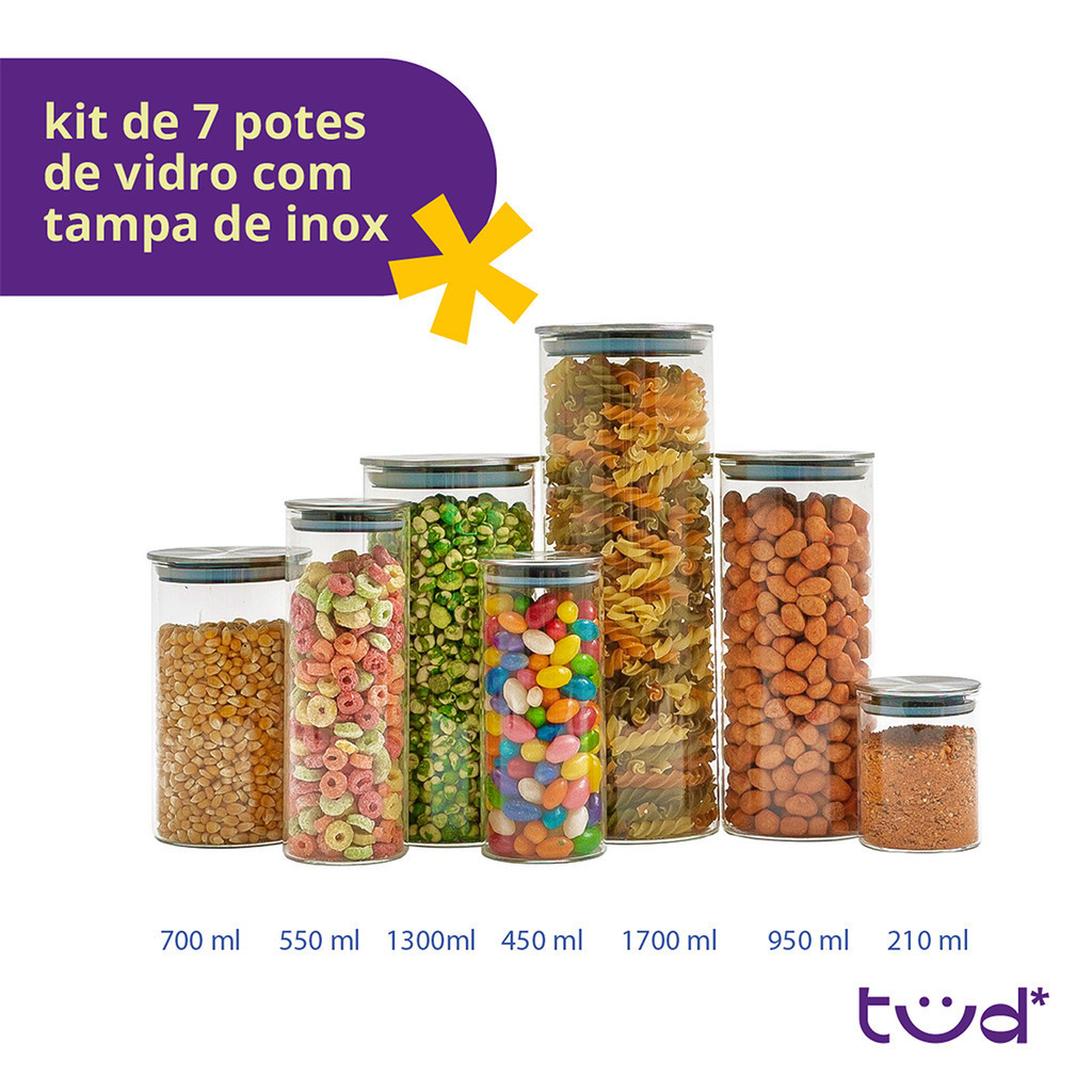 Detalhes do Kit 7 potes de vidro com tampa inox hermético redondo - Tud