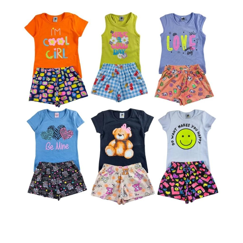 Kit Sortido 10 Peças de Roupas Infantil Menina - 5 Camisetas + 5 Bermudas - Kit com 5 Conjunto Infantil Menina Verão Fem