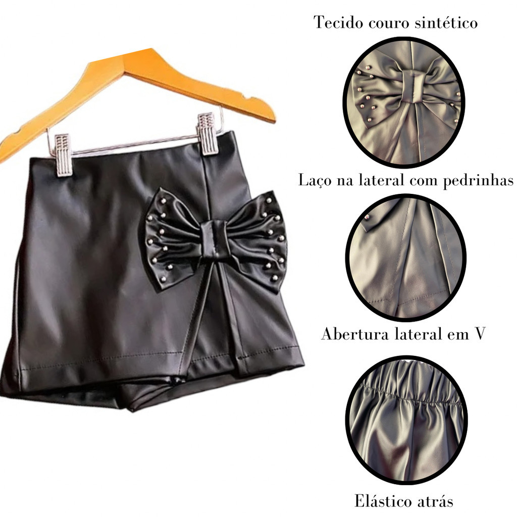 SHORT INFANTIL FEMININO COURO SINTÉTICO COM LAÇO NA LATERAL