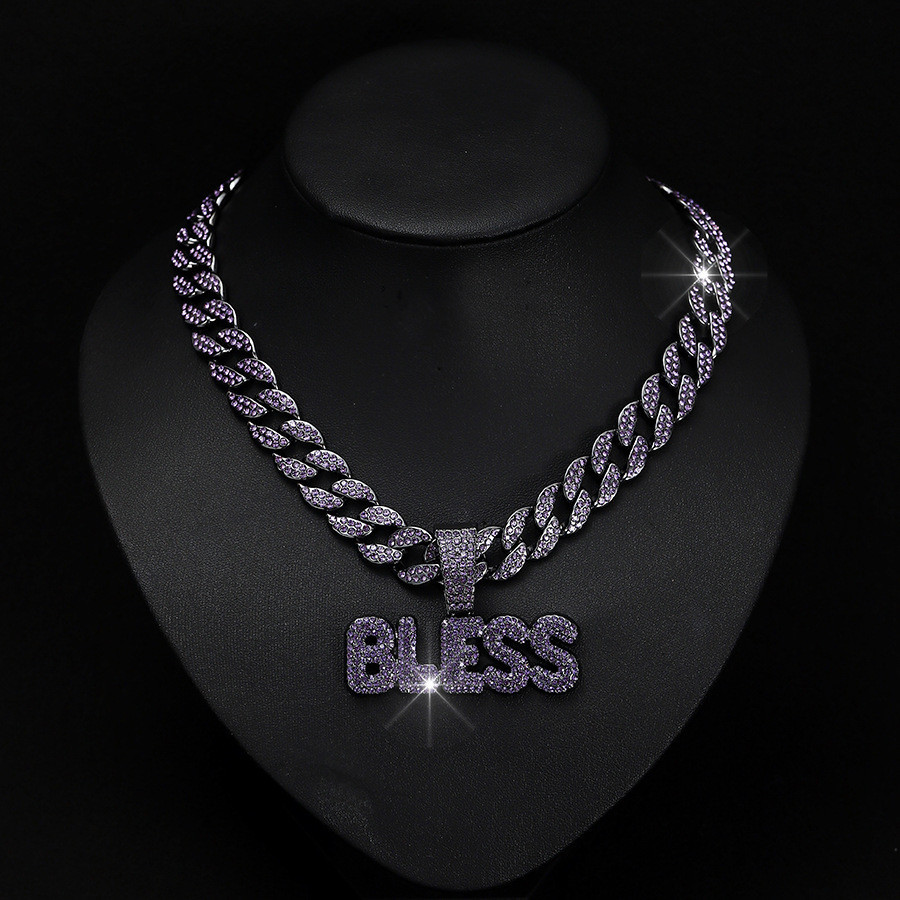 [Hip Hop-Hip Hop Dance Special] New men and women full diamond purple BLESS pendant fashion pendant chain trend personality popular light luxury abstract graffiti