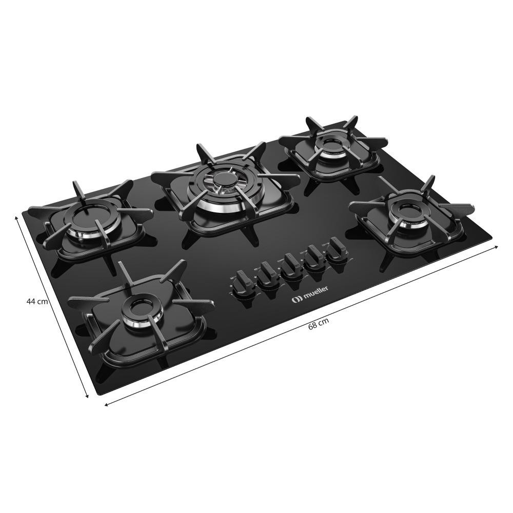 Detalhes do Fogão Cooktop Gás em Vidro Temperado Mueller 5 Bocas Queimador Tripla Chama Bivolt Preto