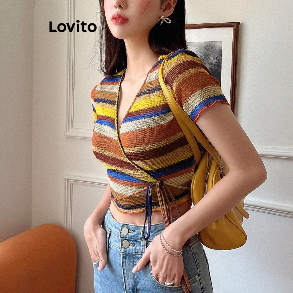 (Trendy) Lovito Camiseta Casual Com Listras Arco-Íris E Estampa Frontal Para Mulheres L80ED032 em Oferta na Shopee