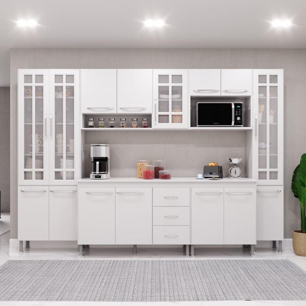 Cozinha Modulada Completa Fidelitá Viena 6 Peças 295cm 15 Portas 3 Gavetas Com Tampo Branco - Home & Living