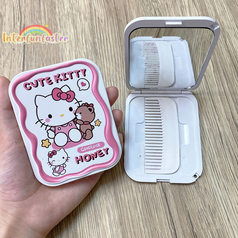 [Sanrio Cute Hello Kitty Espelho De Maquiagem Com Pente Dobrável Portátil Criativo Para Meninas Mão [Novo]