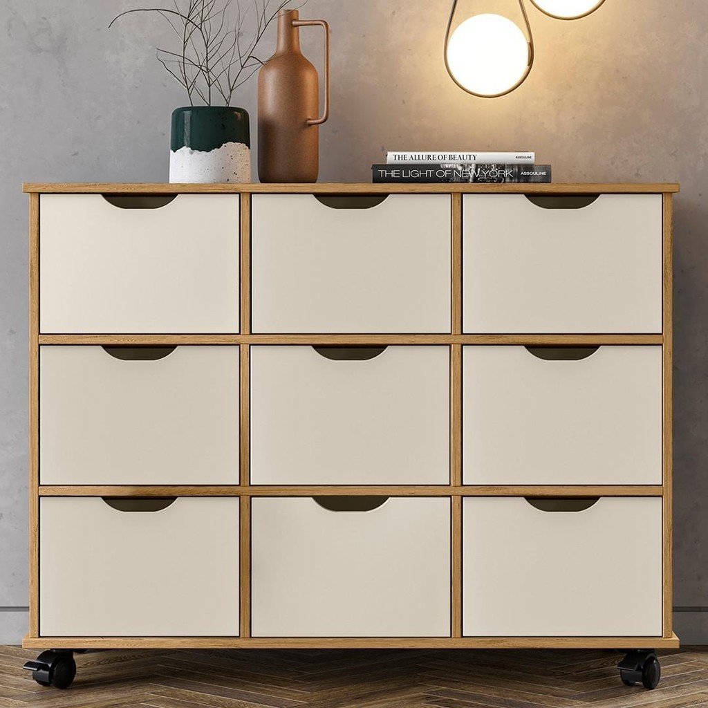 Nicho Organizador 9 Gavetas com Rodízios Freijó/Off White - Qmovi em Oferta na Shopee