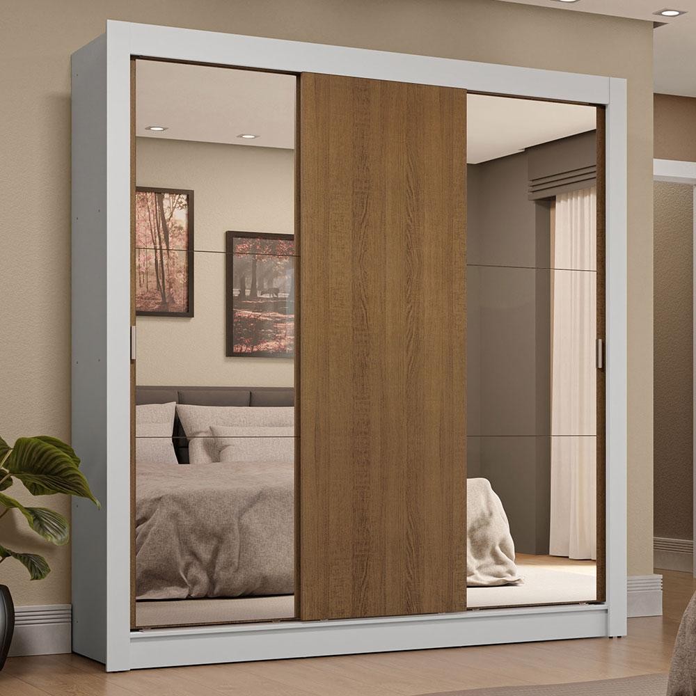 Guarda-Roupa Casal 3 Portas de Correr com Espelhos 4 Gavetas Branco/Rustic Sublime Plus Madesa em Oferta na Shopee