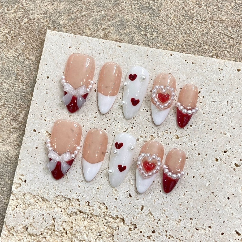 [HANDMADE] Unha artificial amêndoa arco francês pérola amor fototerapia unhas unhas postiças unhas reutilizáveis e removíveis