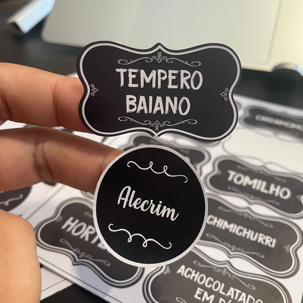 KIT PRETO - 36 Etiquetas para Potes de Condimentos Temperos 3,8x3,8cm + 50 Etiquetas Para Mantimentos 5x3cm