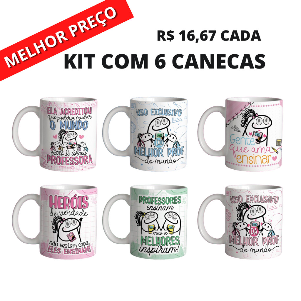 Canecas de Dia dos Professores Kit 6 unidades de Porcelana Ideal para Cesta Presente Lembrancinha Enfeite