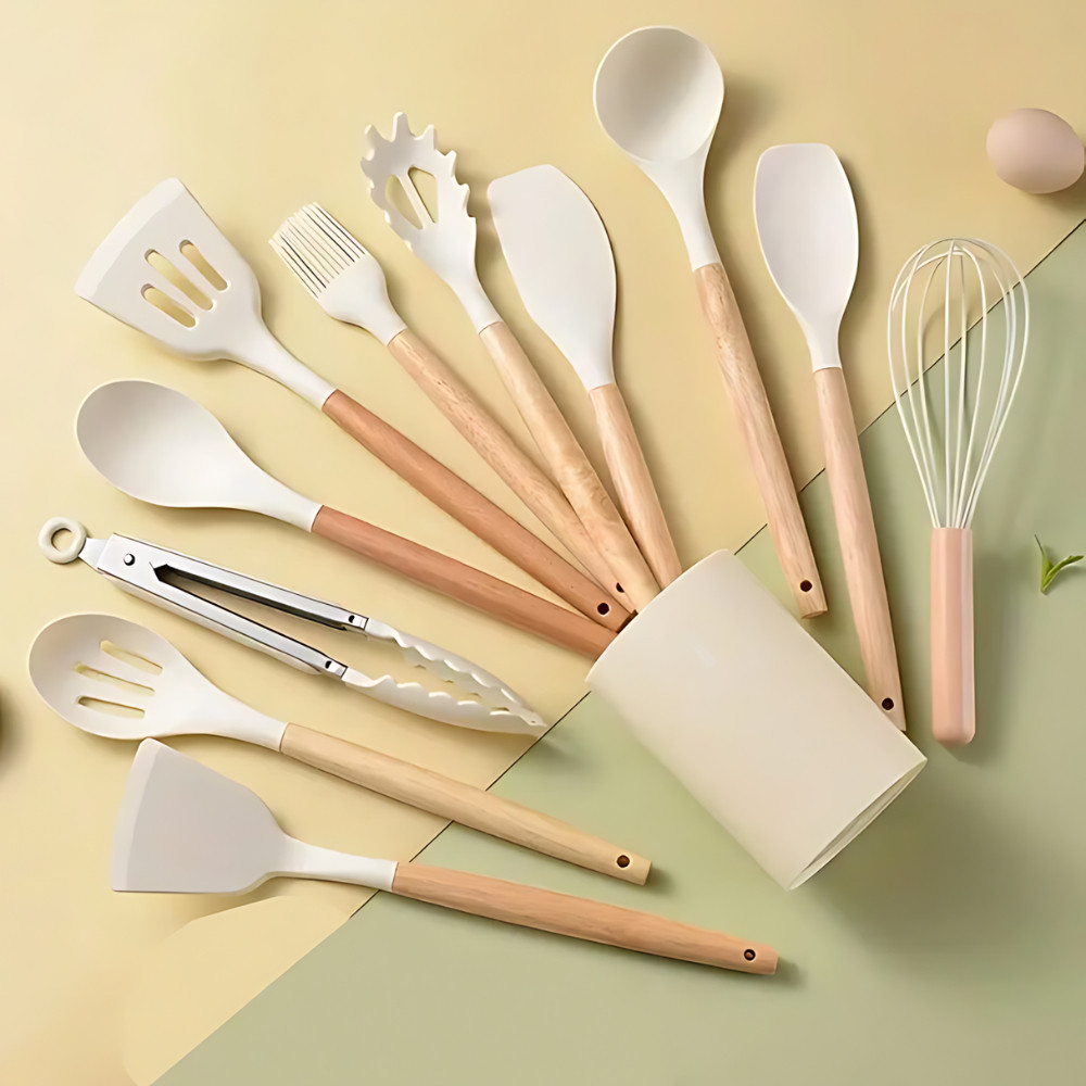KIT de Utensílios Para Cozinha em Silicone e Bambu 12 Peças em Oferta na Shopee