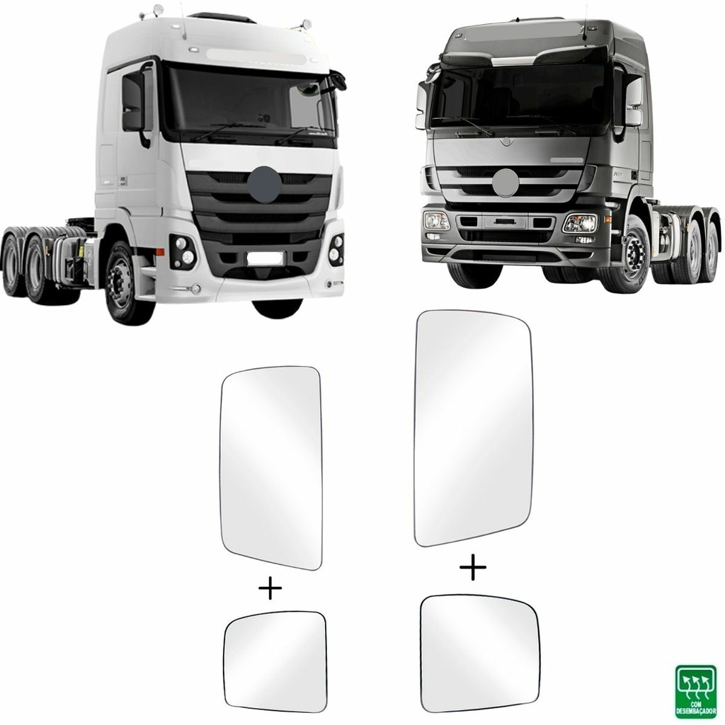 Kit Lente Espelho Retrovisor Vidro para Mercedes Actros Sup + Inf 2010 à 2020 com Desembaçador