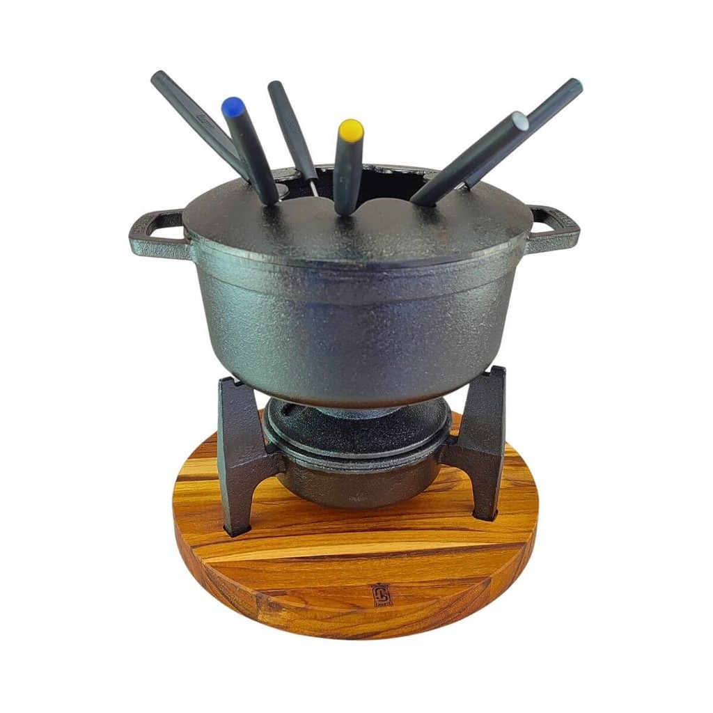 Conjunto Fondue E Fogareiro De Ferro Fundido Com Suporte Madeira Garfos Frutas Chocolate Queijo Kit