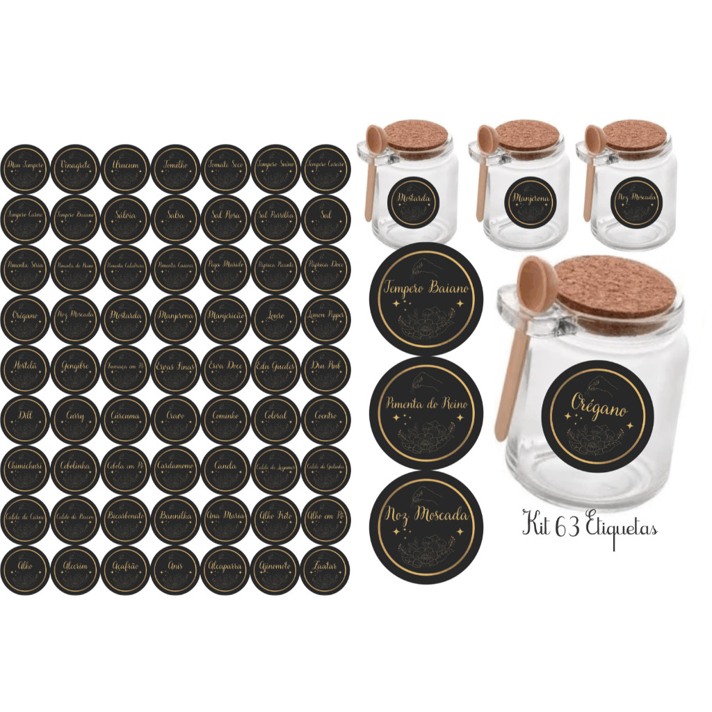 Kit 63 Adesivos tag rotulo etiqueta 3x3 cm à Prova d'Água Água para Potes Tempero Design em Redonda Bandeirinha e Cor Preta Vibrante Organização  e  Estilo Duradouros para Sua Cozinha Potes de Tempero na Cor Preta Para Seu Vidro Pote tubete condimento