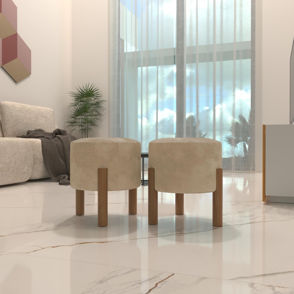 Kit 2 Puff Redondo Luxo Para Quarto Ou Sala Tecido Inca Pés Madeira Pinus