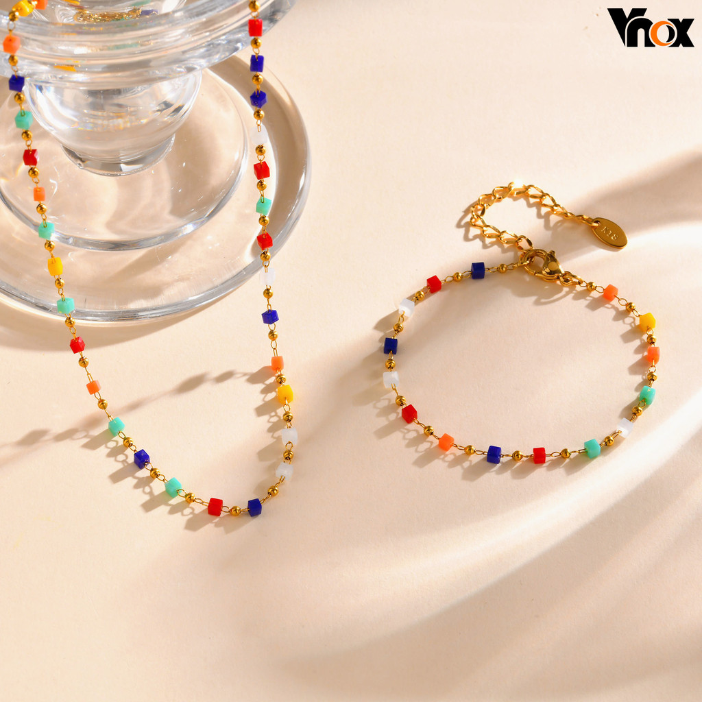 Vnox 2 Em 1 Conjunto De Colar De Pulseira De Contas Com Corte Colorido Para Mulheres E Meninas , Joias Divertidas De Verão Ouro 18K , Presente De Festa em Oferta na Shopee