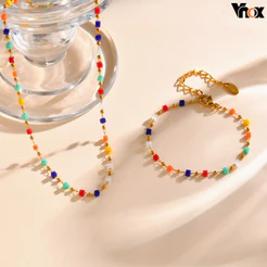 Vnox 2 Em 1 Conjunto De Colar De Pulseira De Contas Com Corte Colorido Para Mulheres E Meninas , Joias Divertidas De Verão Ouro 18K , Presente De Festa