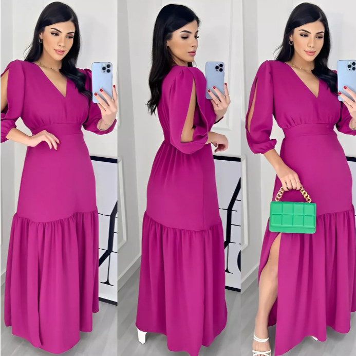 Vestido Longo Feminino Festa Casamento Madrinha Fenda na perna Manga 3/4 Elegante Evangeli...