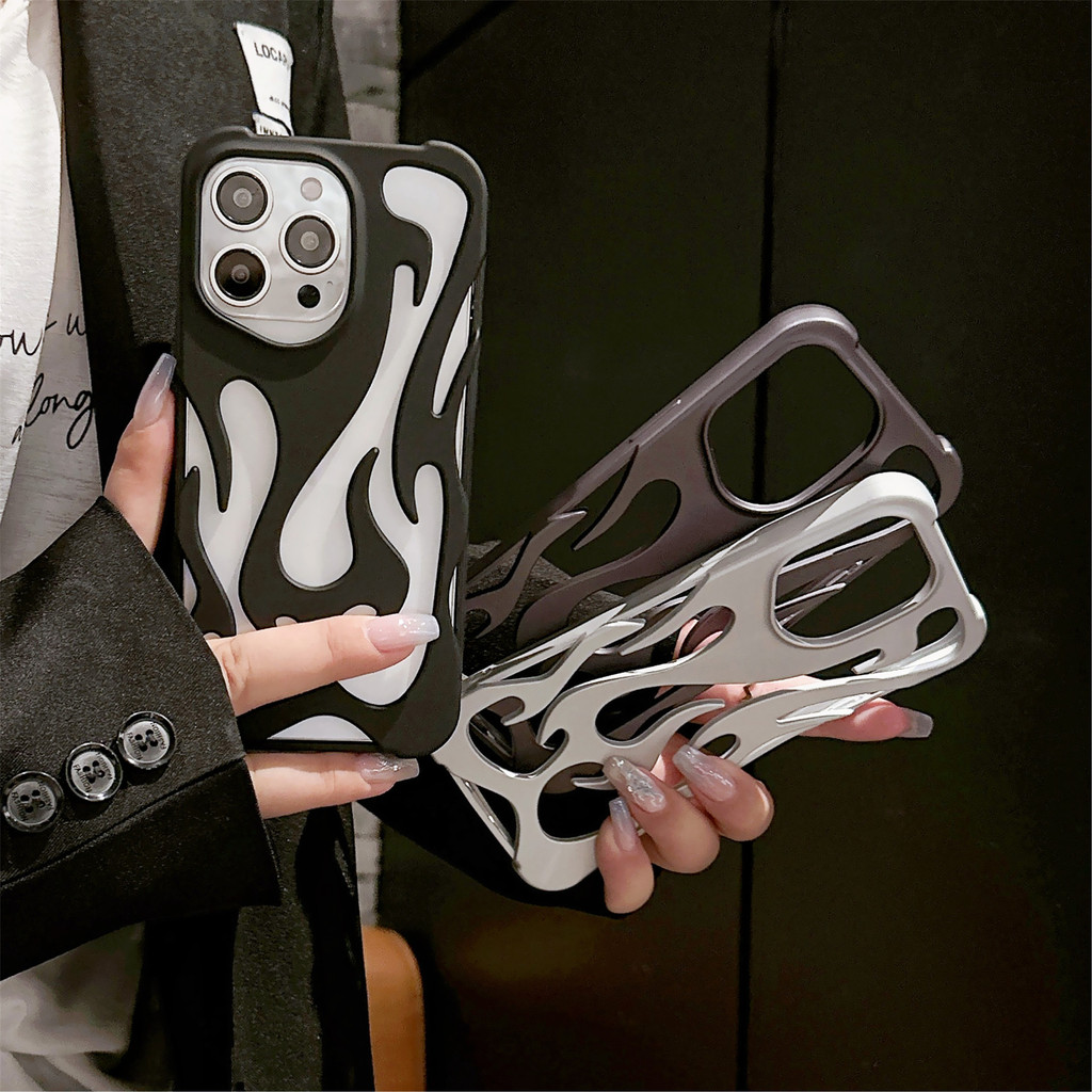 Capa de telefone com padrão de chama oca adequada para iPhone 11 12 13 14 15 16 Pro Max Plus Dissipação de calor fosca Quatro cantos Capa protetora resistente a choques