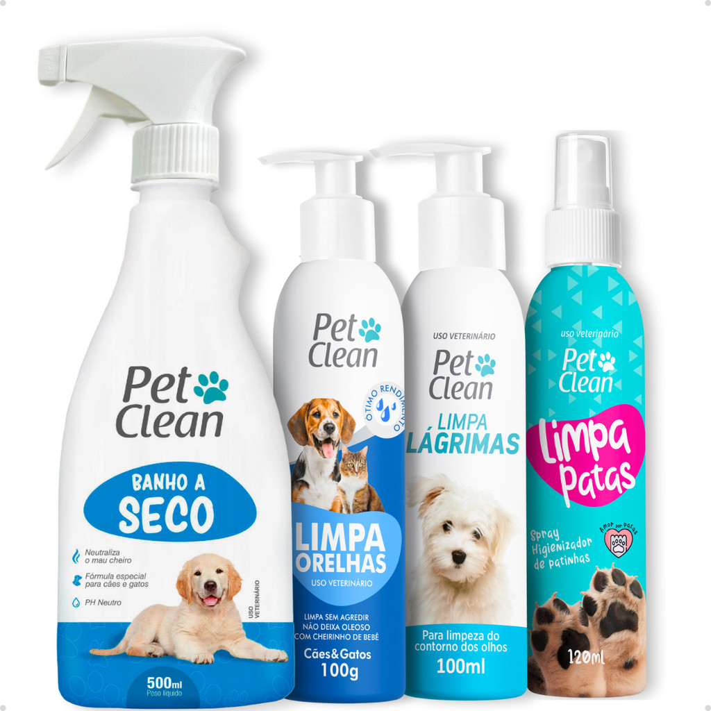 Kit Higiene Higienização 4 em 1: Limpa Lágrimas + Limpador Ouvidos + Patas + Banho a Seco Pet Clean em Oferta na Shopee