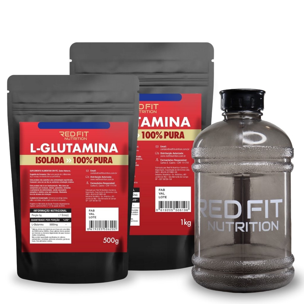 L-Glutamina 1Kg L-Glutamina 500g Gallon Black 1,8L - 100% Pura Matéria-Prima Importada - Red Fit Nutrition