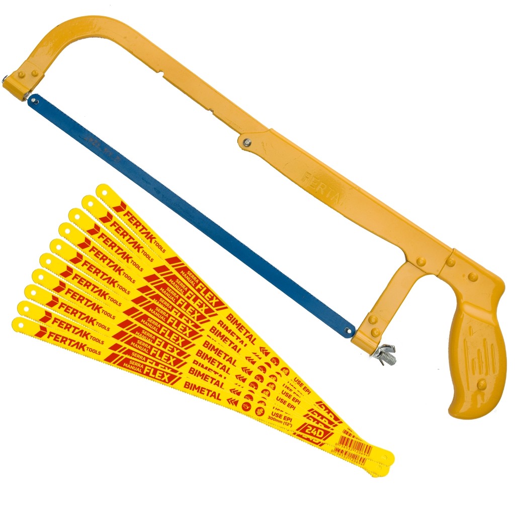 Kit Arco de Serra Fixo Profissional 12" com 10 Lâminas Bimetal 24 Dentes Cortar Metal Aço Cano PVC Prático
