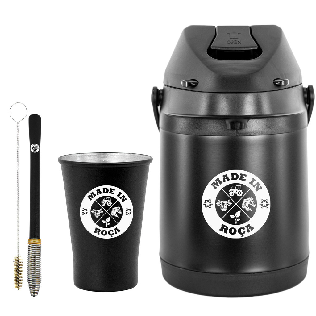 Kit Tereré Garrafa Térmica Preta 2.5l Bomba Mola Conica Preta Copo Alumínio Preto 280ml em Oferta na Shopee