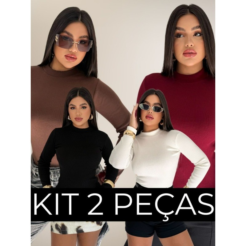 KIT COM 2 BLUSAS DE FRIO FEMININA GOLA ALTA CACHARREL SEGUNDA PELE CASUAL RIBANA CANELADA