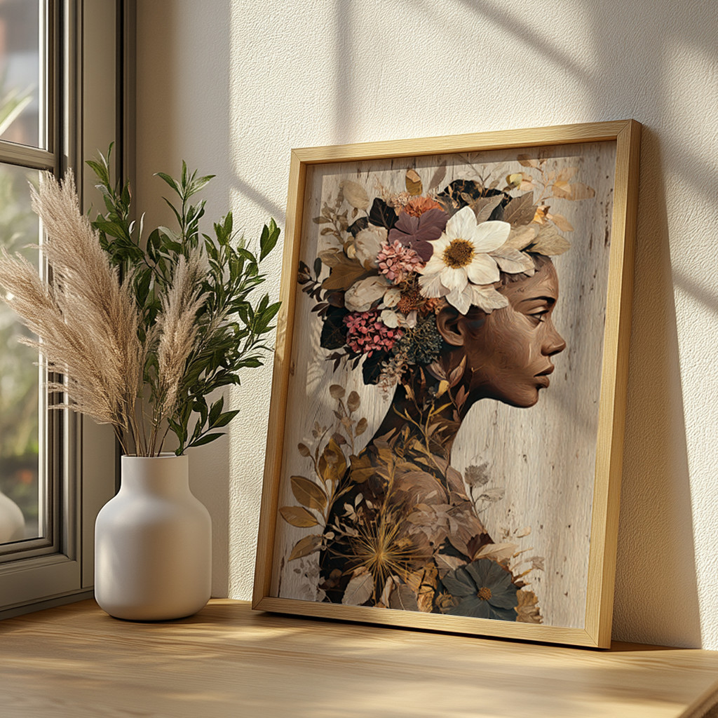 Quadro Decorativo Mulher Flores Perfil Afro Arte Natural Tons Terrosos Beleza Elegância em Oferta na Shopee