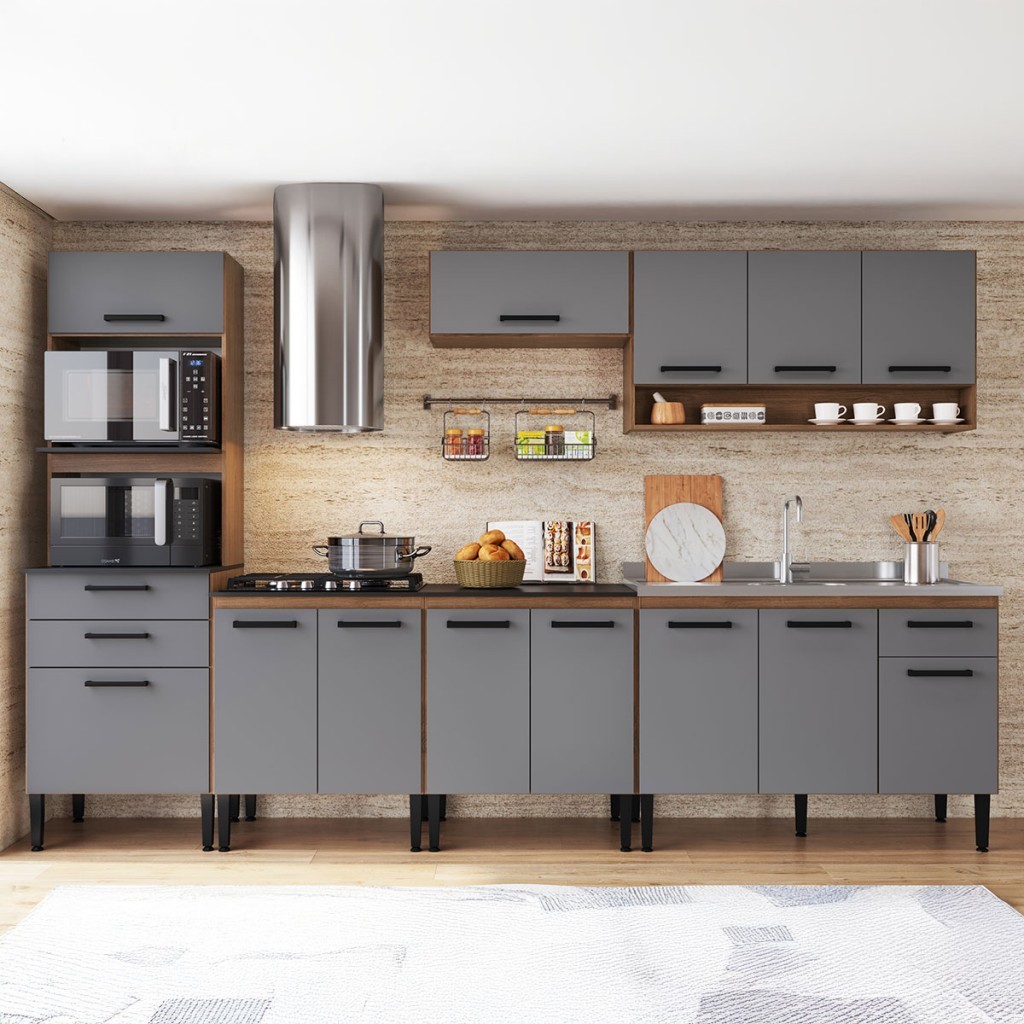 Armário de Cozinha Amanda 13 Portas 3 Gaveta Freijó/Cinza - Pnr Móveis em Oferta na Shopee