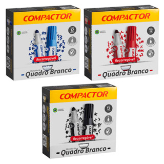 Kit 3 Caixas Pincel Marcador para Quadro Branco Recarregável Pt / Az / Vm 12 unidades Cada / Compactor em Oferta na Shopee