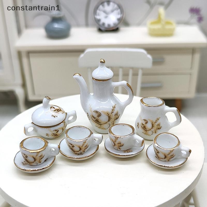 [CST] 11 Pçs/Set 1 : 12 Casa De Bonecas Em Miniatura Cerâmica Marrom Rosa Bule Conjunto De Chá Vinho Talheres Xícara Cop