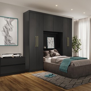 Guarda Roupa Solteiro 6 Portas 2 Gavetas Porto Preto com Cabeceira em Oferta na Shopee