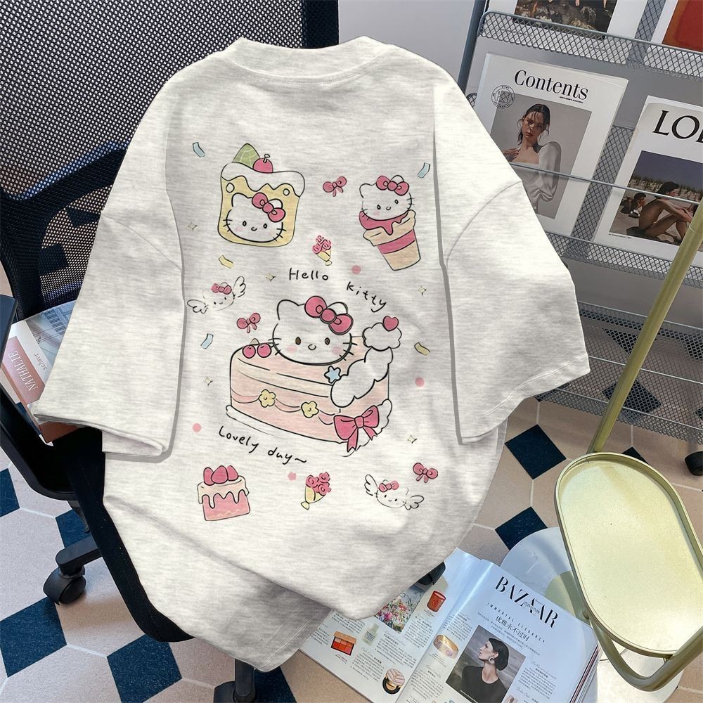 Camiseta Feminina Doce Estilo Universitário Bonito Desenho Animado HelloKitty Estampado Feminino Verão Solto