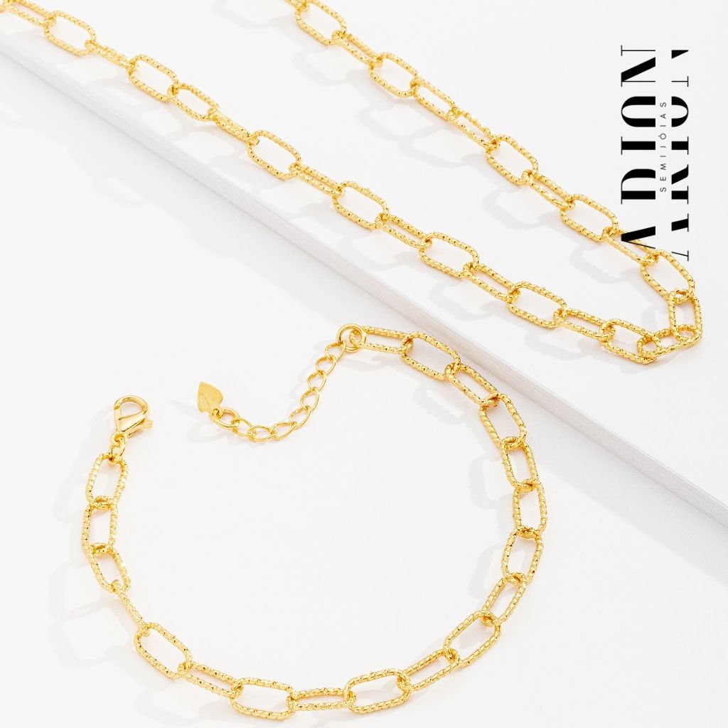 Conjunto Colar Pulseira Elos Diamantados Dourado - Semijoia Feminina Brilhante Ouro 18K Luxo