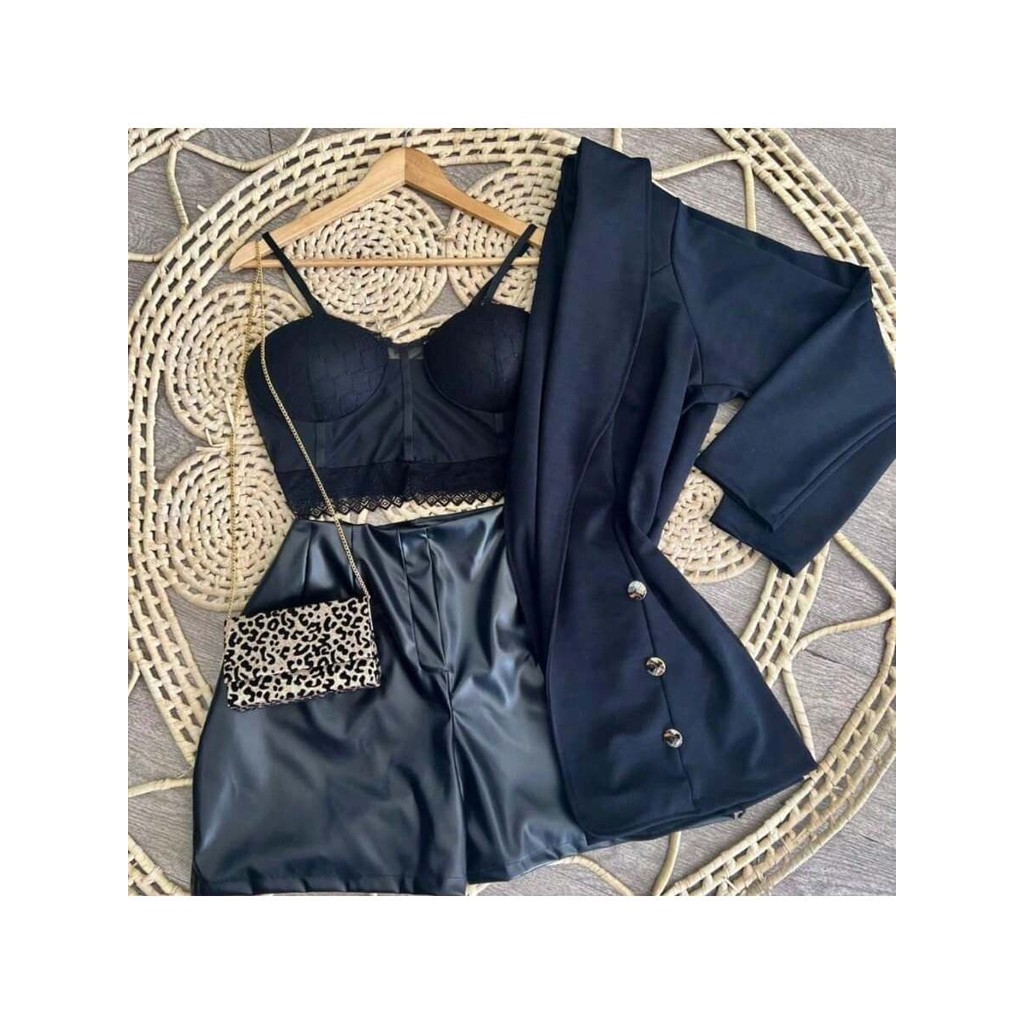 Conjunto Short Couro Plus Size+ Cropped Renda + Blazer Botão
