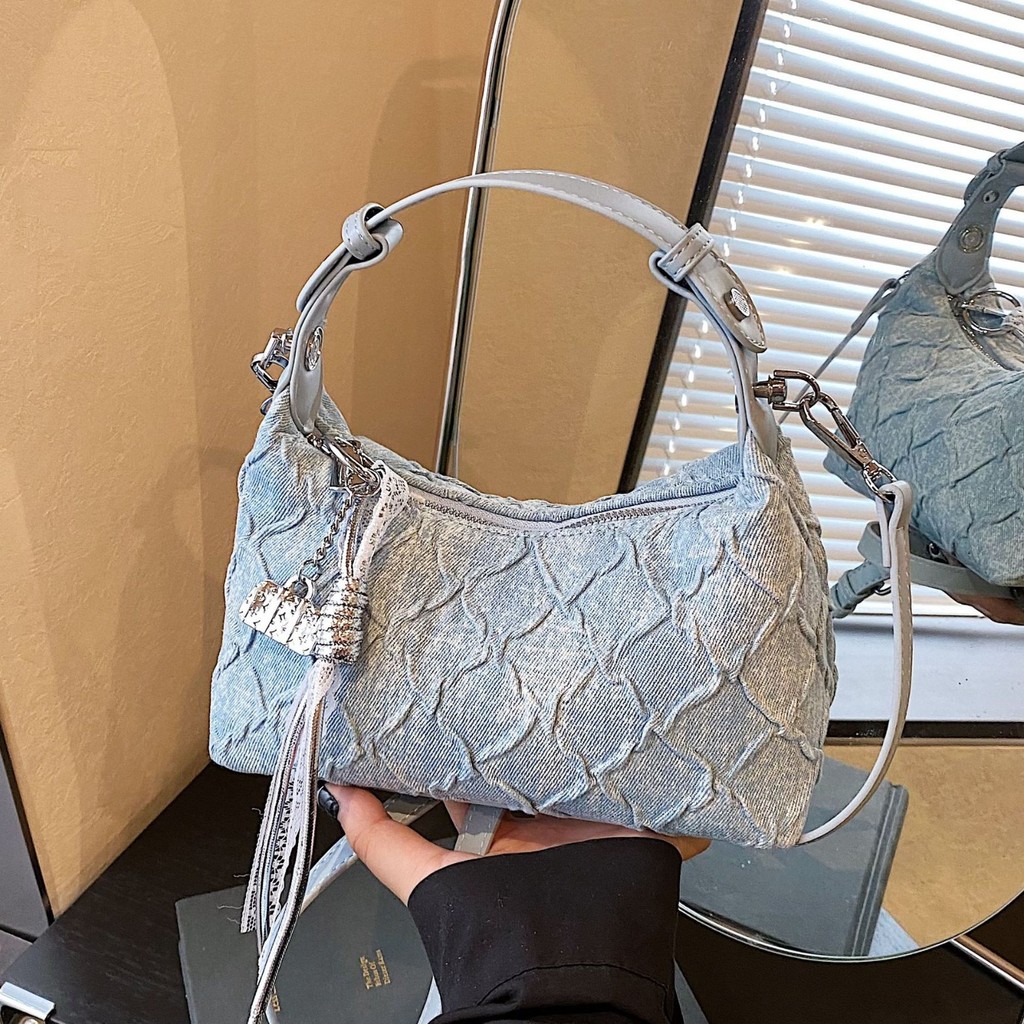Bolsa jeans plissada feminina, novo estilo, bolsa de ombro, bolsa Crossbody, portátil, bolinho, bolsa de lona