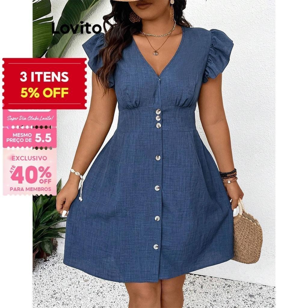 (Trendy) Lovito Vestido Plus Size Curvo Elegante Simples com Botões Frontais e Babados para Mulheres LBL17315 - Women Clothes