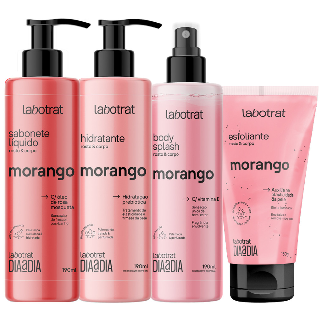 Kit Banho Premium Labotrat Morango Completo 4 Produtos C/ Body Splash Cheiro De Fruta Corpo E Rosto