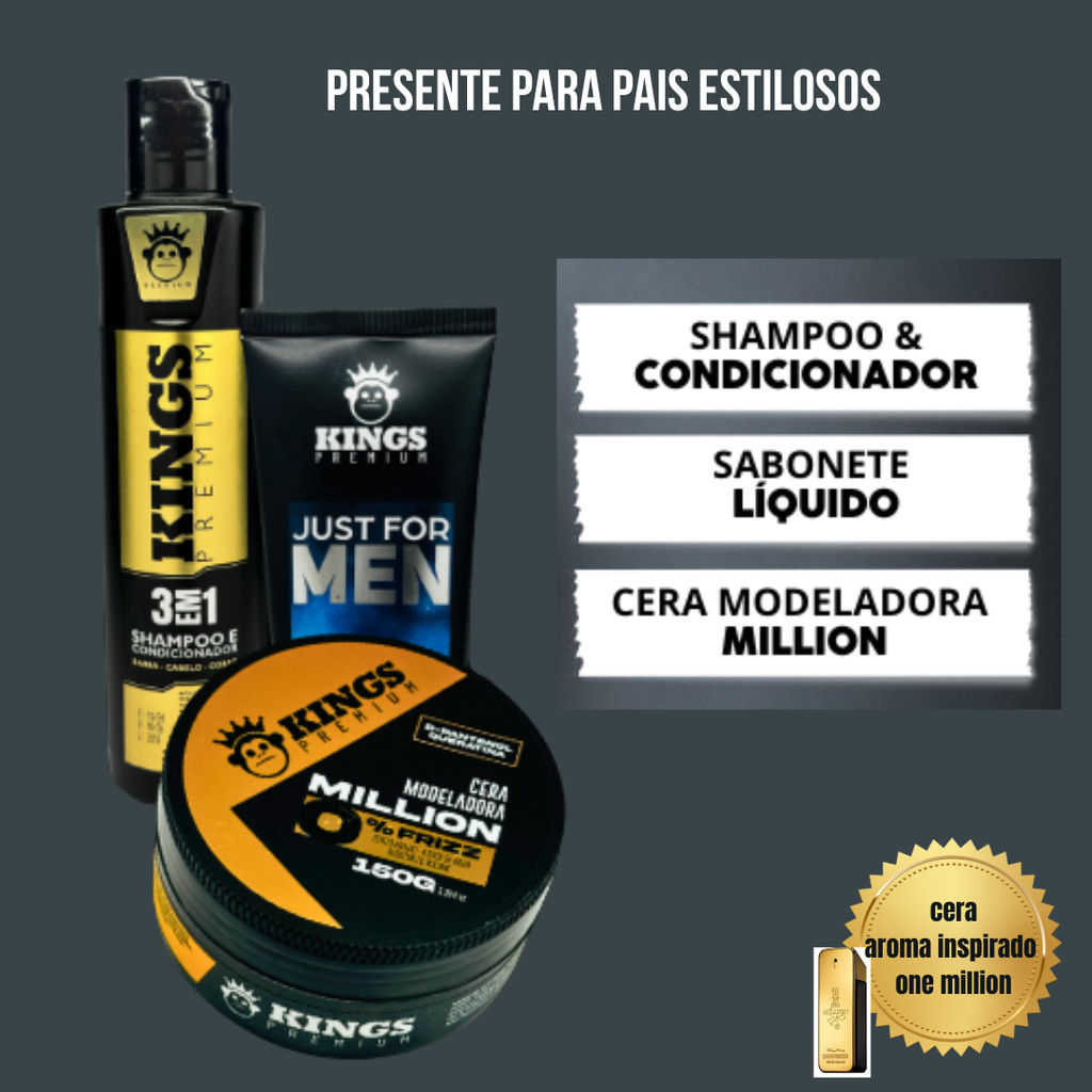 Presente Dia dos Pais: Kit Masculino com Shampoo, Sabonete e Cera Million