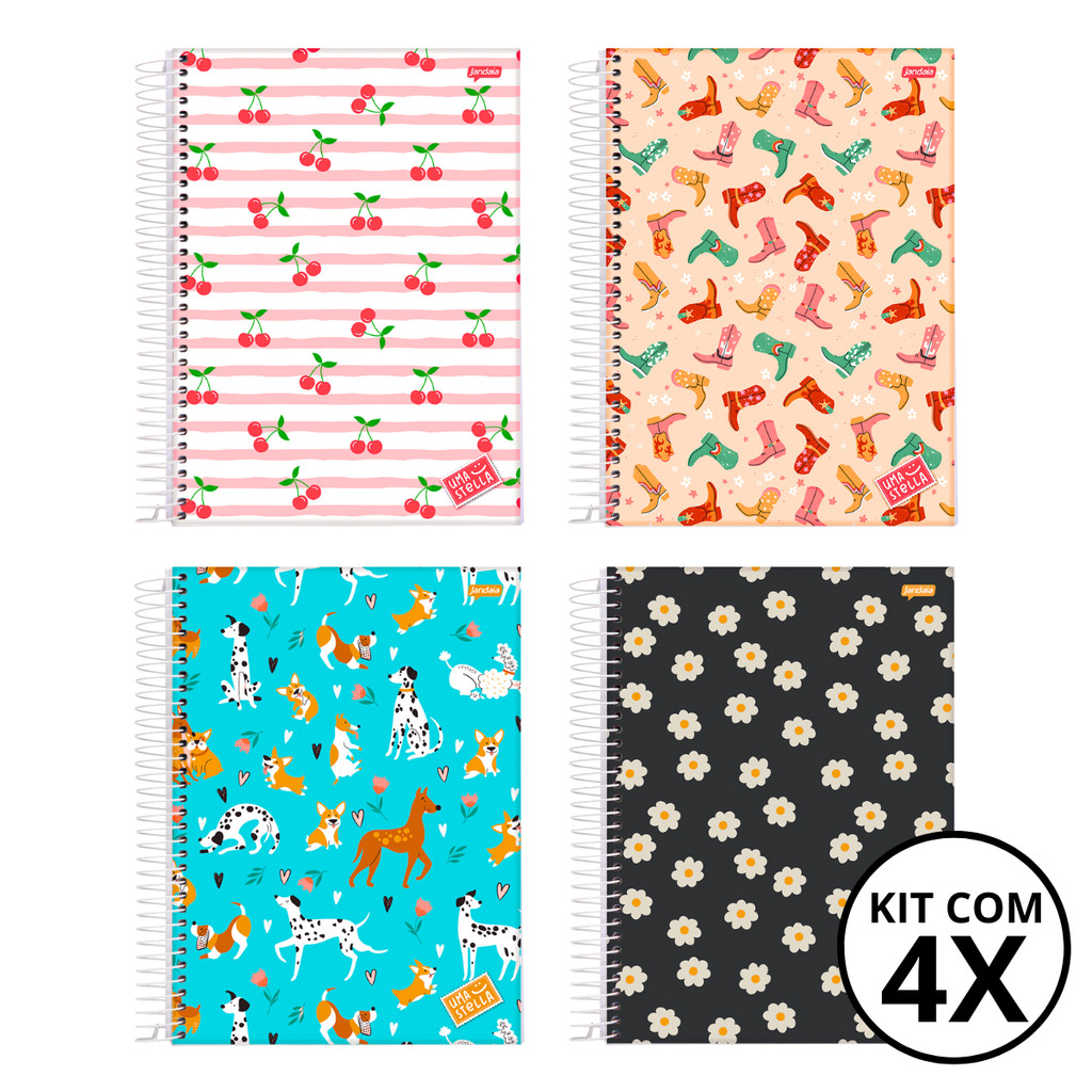 Kit 04 Cadernos Universitário 10 Matérias 160 Folhas Stella - Jandaia CAPA:Cereja/Bota/Cachorro/Flor em Oferta na Shopee